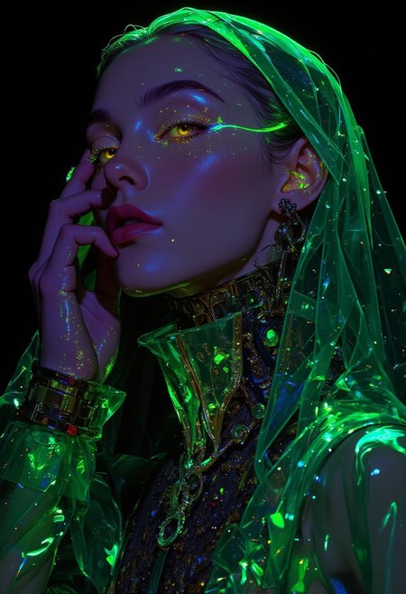 ((highly stylized, digital artwork, avant-garde, futuristic, surreal))  
A woman with a luminous bronze complexion stands enveloped in a radiant, translucent emerald-green mesh that wraps around her head and shoulders, forming intricate, web-like patterns. The mesh glows in shifting hues of jade and neon teal, resembling an ethereal energy field. Her smooth, deep violet mask shimmers faintly, partially obscuring her face. Strands of silver hair escape from beneath the mesh, catching the glow.  
Her slender fingers graze the material, as if testing its intangible nature. Beneath the mesh, an embroidered bodysuit woven with microscopic circuits pulses softly in sync with its glow. Tiny flecks of golden luminescence drift across her collarbone and wrists, resembling bioluminescent dust.  
The background mirrors the mesh’s intricate patterns, fusing seamlessly with her attire. Glowing lines cascade along her form, tracing her silhouette in fluid motion. The shifting translucency of the mesh allows soft light to pass through, enhancing the surreal, avant-garde aesthetic. The interplay of deep greens, vibrant teals, and shimmering bronze tones creates a visually striking fusion of fashion, art, and futuristic design.