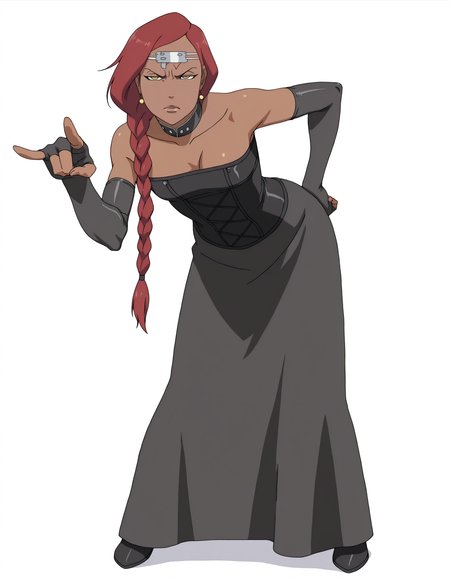 full body, solo, perfect composition, shadows, shading, <lora:anime_screencap-Illustrious:0.65> anime screencap, anime coloring, very aesthetic, absurdres, zPDXL, <lora:Pony_DetailV2.0:0.5> <lora:illustrious_quality_modifiers_masterpieces_v1:1>
<lora:k2ru1:0.8> k2ru1, 1girl, dark-skinned female, red hair, sideswept bangs, earrings, female focus, looking at viewer, angry, defined lips, closed mouth, <lora:Korra-Stare-Off-Il-1.0:0.65> Korra-Stare-Off-Il-1.0, pointing with two fingers, pointing at viewer, (leaning forward:1.2), hand on hip,
<lora:Outfit_soph-PadmeSenatorCosplay-ILXL:0.8> black corset, long braid, ((silver forehead circlet)), (choker collar), clothing cutout, detached sleeves, strapless, sequins, form fitting, bodycon, fingerless gloves, elbow gloves,
white background, simple background,