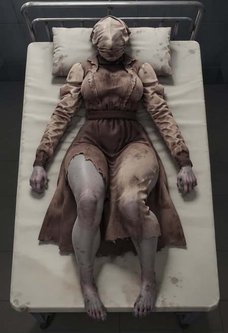 score_9, score_8_up, score_7_up, score_6_up, score_5_up, score_4_up, 1girl, <lora:TheNurseDBD_r1:0.75> solo, large breasts, eyeless, faceless, hood on head, thick thighs, long sleeves, dress, apron, grey skin, lying on back, dirty feet, barefoot, 
hospital, indoors, dark,