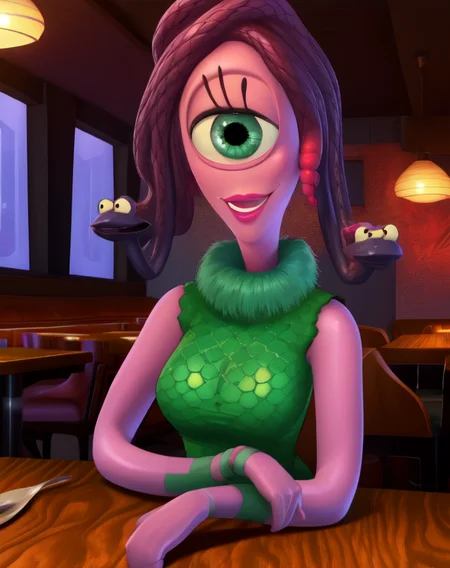 Celia,snake hair,pink skin,cyclops,green eyes,
green dress,
sitting,upper body,smile, cleavage, 
restaurant,  no humans,
(insanely detailed, beautiful detailed face, masterpiece, best quality),solo,
<lora:CeliaMae:1>,