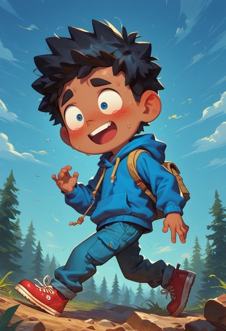 score_9, score_8_up, score_8, 1boy,max (camp camp), solo, hood, blue hoodie,, yellow shirt, blue pants, red shoes, curly black hair, dark skin, white ,cute, chibi, small body,  barefoot((high_quality)), ((Super_Detailed)), cartoony, cartoon style, (by ardidon:1.2),max ((Super_Detailed)),camp background, cartoony, cartoon style, (by ardidon:1.2),max, dynamic angle, side view, view from the side, full body, excited face, fear face, blushing,