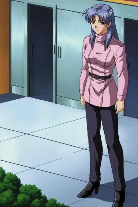Score_9, best, masterpiece, uncensored,
1girl, solo, smile, retro artstyle, 1990s (style),
LTHRMNShisui, (Ep5Outfit:2), pink turtleneck uniform with black belt, black pants, long shirt, black heeled short boots,
<lora:LeathermanShisui_V3:0.8>​​​