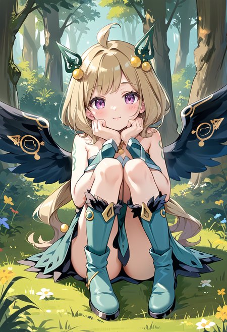 (score_9:0.9),score_8_up,score_7_up,rating_safe,anime style,(zPDXL),(zPDXL3),
<lora:Hugin the Runick Wings ponyXL v1:0.76>,hugin the runick wings,1girl,solo,grass,sitting,green hair ornament,outdoors,looking at viewer,green knee boots,green strapless dress,nature,hugging own legs,minigirl,yellow necklace,green vambraces,forest,fairy,