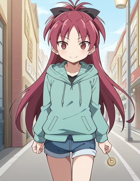 score_9, score_8_up, score_7_up, source_anime, <lora:kyouko-sakura-s1-ponyxl-lora-nochekaiser:1>, kyouko sakura, long hair, red eyes, ponytail, hair bow, red hair,, shorts, hood, hoodie, denim, blue shorts, denim shorts,, sidewalk, pedestrians, city, street, walking, smile, <lora:pendulum-ponyxl-lora-nochekaiser:1>, pendulum, holed coin, coin on string, hypnosis, mind control, coin, @ @,, looking at viewer, solo,, dutch angle, cowboy shot