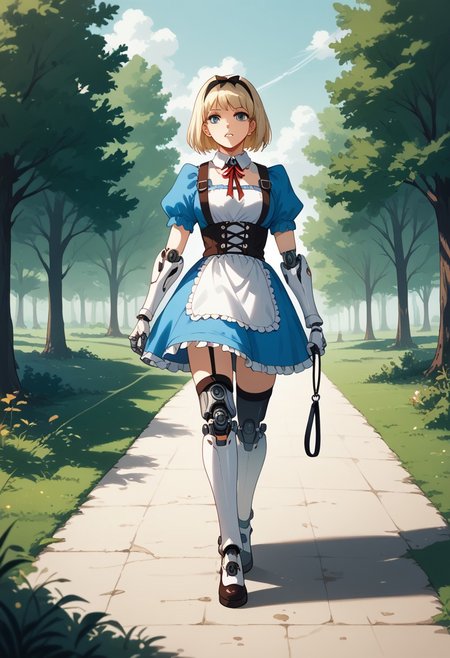 score_9, score_8_up, score_7_up, highly detailed, DSCStyle, 
pst006, female cyborg, Alice from Wonderland with mechanical small dog walking beside on leash in parkland,  fantasy aesthetic
