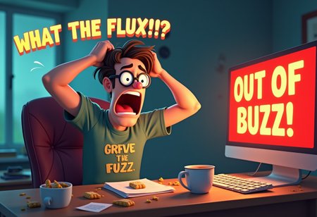 A nerdy man sitting at his computer, depicted in a Pixar-like animated style. The man has glasses, slightly disheveled hair, and is wearing a t-shirt with a geeky slogan. He is pulling his hair in frustration, with his mouth wide open as he screams 'WHAT THE FLUX!?!' in large, animated text above his head. His eyes are wide with panic and frustration. On the computer screen, the words 'OUT OF BUZZ!' are displayed in an alarming red color, emphasizing the urgency of the situation. His desk is cluttered with empty coffee cups, snacks, and scattered papers, adding to the chaotic and humorous atmosphere. The overall scene captures the man's exaggerated frustration in a very funny and animated way