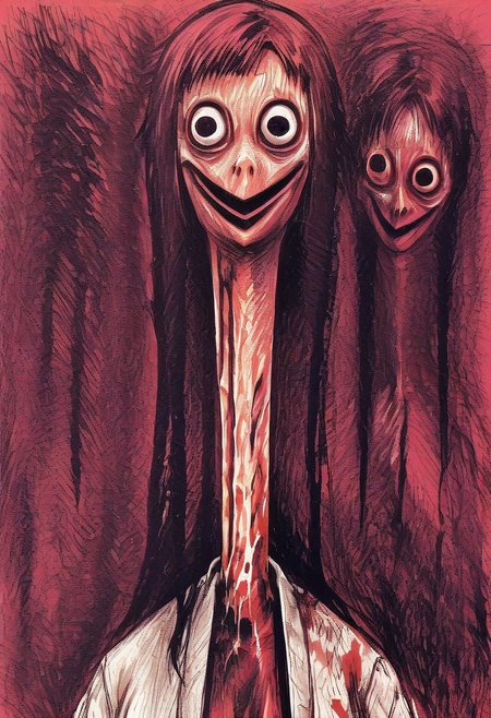 tomino, horror (theme), long hair, smile,  japanese clothes, kimono, blood, blood on clothes,  red theme, momocreepypasta, long hair, black hair, black eyes, wide eyed, wide smile, scuted arms, scuted legs, scutes, bird claws, talons