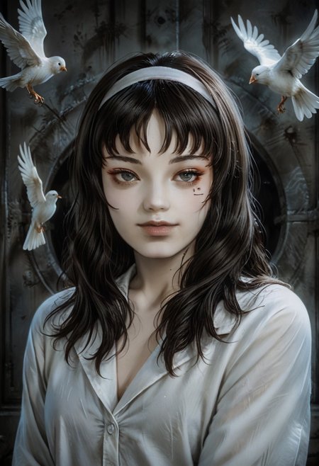 score_9, score_8_up, score_7_up, realistic, dark theme, low light, ((RoomLR)). 
1girl, Tomie Kawakami, Gorgeous sexy female. Beautiful feminine face, Long hair, Sexy makeup.
Bird.