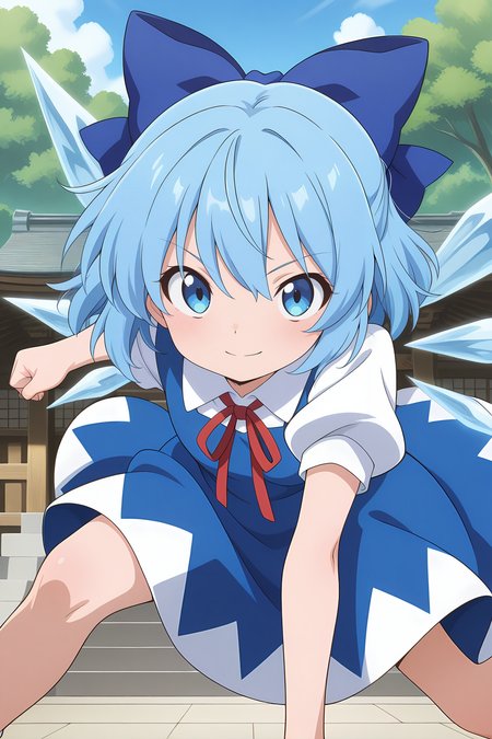 absurdres, highres, masterpiece, best quality, amazing quality, official anime artwork, screencap, anime screencap, outdoors, looking at viewer, light smile, dynamic pose, fighting stance, flying, ice attack, shrine, 
 <lora:Cirno_Illustrious:1> cirno, 1girl, solo, blue eyes, blue hair, short hair, ice wings, ice,, bow, hair bow, dress, blue dress, short sleeves, blue bow, puffy sleeves, red ribbon,
