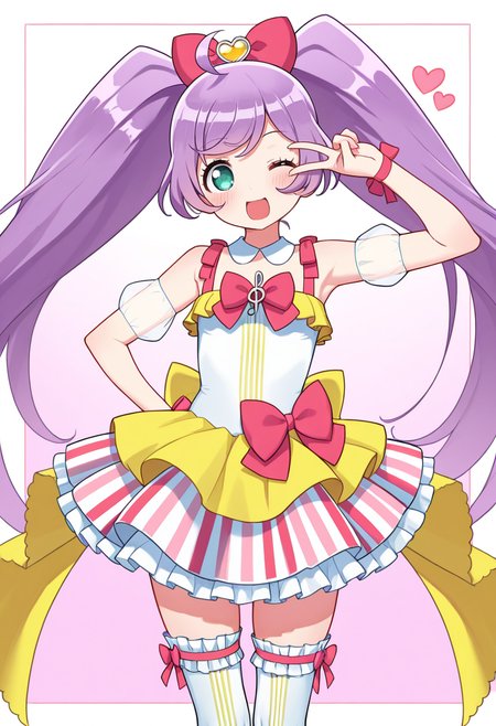 best quality, masterpiece, absurdres, manaka laala, kashikoma!, v, one eye closed,  idol dress,  thighhighs, heart   <lora:manaka_laala:1>