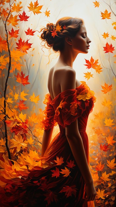 An exquisite oil painting on canvas that captures the essence of autumn with a stunning, intricate portrayal of a young woman's figure. The leaves, painted in rich, vibrant shades of red, orange, and yellow, are artfully arranged to form the silhouette of a woman. The leaves dance in the wind, creating a dramatic effect with their fluid, expressive movements. The artist's skillful use of Metchley oil and alcohol ink results in a highly detailed masterpiece that showcases the beauty of nature and the strength of the female form. The high definition of the painting allows for the fine details to be appreciated, making it a truly captivating work of art., painting. highly detailed and hyper realistic photo, by Alena Aenami , by Archibald Thorburn , by Daniele Afferni , in the style of  monochromatic silhouette reflection,  limited dark palette, unusual dark colors, faded colors, atmospheric haze, highly dramatic cinematic lighting, motion blur, film grain,  professional, excellent composition, finest details, maximized details, ultimate detail level, masterpiece, best quality <lora:Midjourney_People:1>