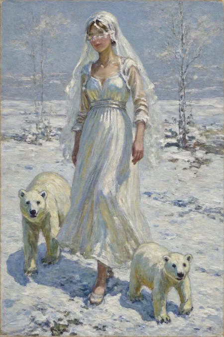 dorotheasharp1 painting. 
A Snow Queen with an ethereal appearance. She is dressed in a flowing, long white gown that seems to shimmer, possibly made of a translucent fabric or lace, giving it a delicate, ethereal quality. Her hair and face are obscured by a delicate, sheer veil that extends to the ground, adding to her otherworldly aura. Two polar bears are walking besides her.  <lora:dorotheasharp1_f16:1.0><lora:867764813479023365:0>