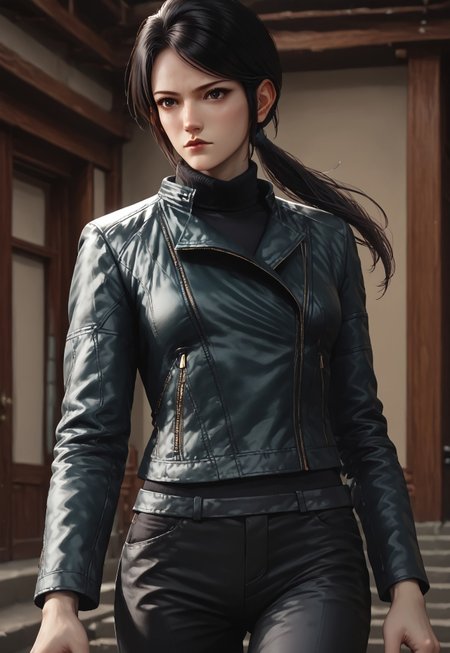 Score_9_up, source_8_up score_7_up, source_realistic, cowboy shot, BREAK 1girl, shenmei, black hair, low ponytail, black eyes, Leather jacket, turtleneck, black pants,