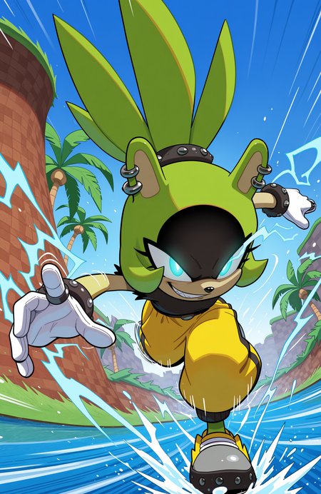 1girl, solo, no humans,  <lora:Surge-the-Tenrec_v41:1> surge the tenrec, black face, aqua eyes, topknot, piercing, earrings, studded bracelet, studded hair tie,
white gloves, ring, black shirt, torn sleeves, yellow pants, baggy pants, belt, grey sneakers, yellow sneakers,
glowing eyes, evil grin, bright pupils, electricity, aura, running, running on liquid, running on water, splashing, water spray, lake, running on lake,
<lora:Green_Hill_Zone-IL:1> gr33nh1ll, outdoors, blue sky, palm tree, water, motion lines, motion blur, speed lines,
<lora:DynamicPoseIL2att_alpha1.0_rank4_noxattn_900steps:1> dynamic pose, foreshortening, extreme perspective, extremely detailed, highres, masterpiece, best quality