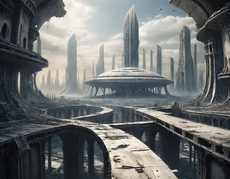 The shattered remains of this vast cityscape now resemble a colossal graveyard, where skeletal structures stand as silent sentinels over what was once a thriving metropolis in some far-flung corner of the cosmos, b3ks1n