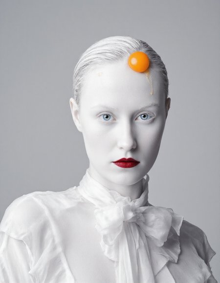 (Flora Borsi's photograph depicting:1.5) Hyper-realistic, surreal close-up portrait of a young woman with extremely pale, almost ghostly white skin. The subject has slicked-back platinum blonde hair, styled neatly against her head, giving a polished look. A single, intact egg yolk is placed on her forehead, with egg white fluid subtly dripping down, adding an element of surrealism. Her lips are painted a vivid, bold red, standing out sharply against her pale complexion. The woman is dressed in a sheer, high-collared white blouse with delicate ruffles and a bow around the neck, complementing the overall monochromatic palette of the image. The background is a solid light gray, ensuring the subject remains the focal point. Her eyes are a striking light blue, with a calm, neutral expression. The lighting is soft and even, highlighting the smooth texture of her skin and the shine of the egg yolk, creating a dreamlike, minimalistic, and avant-garde aesthetic. Emphasize sharp facial features, intricate details in the blouse fabric, and a high contrast between the red lips and pale skin. The overall composition should be minimalistic, clean, and modern, with surreal artistic elements. aidmafluxpro1.1  <lora:aidmaFLUXpro1.1:1>