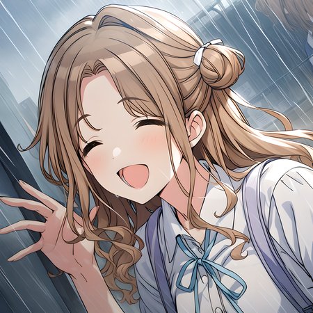 ichikawa_hinana, 1girl, brown hair, solo, shirt, hair bun, closed eyes, school uniform, single hair bun, white shirt, ribbon, rain, single side bun, upper body, bag, open mouth, smile, long hair, wavy hair, schooluni <lora:Ichikawa_Hinana:1>, (masterpiece),(best quality),(ultra-detailed),(best illustration),(best shadow),(absurdres),(detailed background),(very aesthetic),