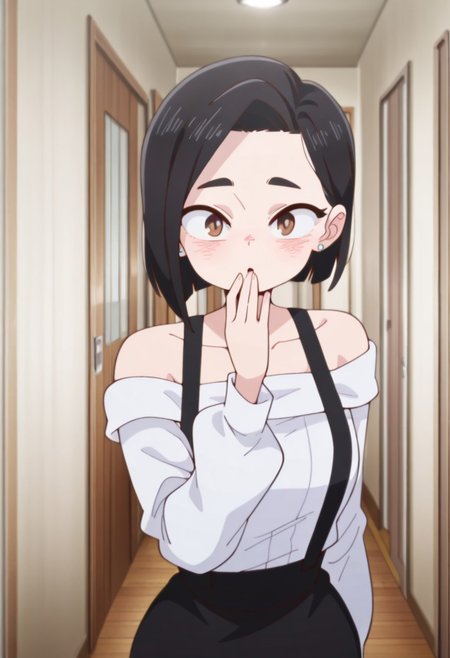 masterpiece, best quality, amazing quality, very aesthetic, absurdres, diives,
anime coloring, anime screencap, masterpiece, best quality, amazing quality,
 <lora:Sanae_Yamada_The_Dangers_in_My_Heart_-_Illustrious_V2:1>
 1girl, solo, brown eyes, black hair, earrings, blush, short hair, jewelry, indoors, off-shoulder shirt, stud earrings, shirt, collarbone, off shoulder, looking at the viewer, bare shoulders, long sleeves, Sanae white shirt with suspenders outfit, hand to mouth, mouth open, cowboy shot
,diives