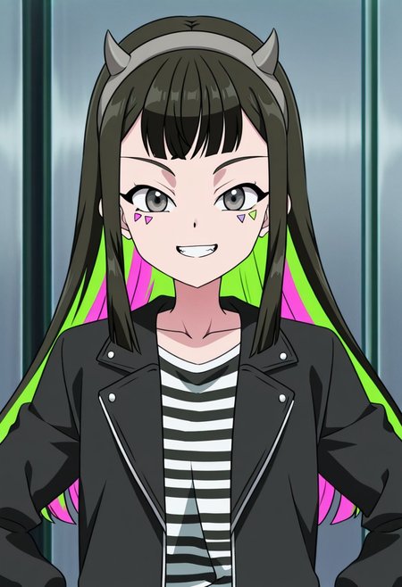 zPDXLx, mur4k4mi-ip,Anime screencap, anime art style, beyblade series,beyblade x,1girl,multi nanairo,solo,smile,long hair,black hair,multicolored hair,shirt,looking at viewer horns,green hair,long sleeves,fake horns,grin,bangs,facial mark,hairband,teeth,pink hair,black jacket,grey eyes,striped,two-tone hair,upper body,jacket,black eyes,striped shirt,collarbone,casual attire