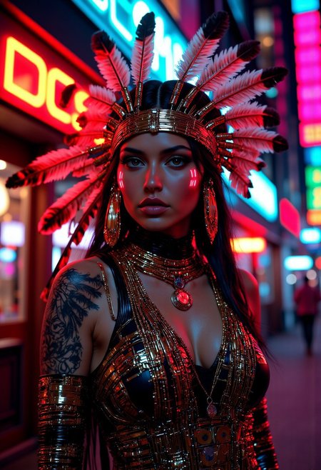 mythp0rt, A beautiful Native American woman with cyberpunk neon lights on her face, a metallic feathered headdress with neon lights, is wearing futuristic tribal cyberpunk dress with neon lights. She is standing outside a native american sci-fi cyberpunk bar.