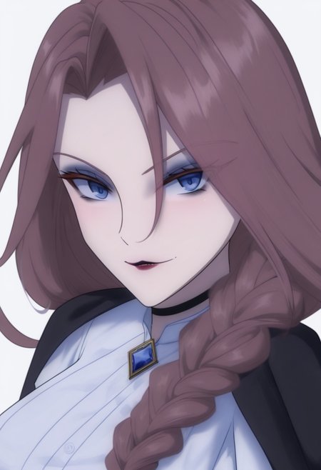 crucabena, fierce, long hair, blue eyes, brown hair, braid, gloves, lipstick, black cape, makeup, white shirt, white background, solid background, plain background, facing viewer, looking at the viewer, upper body, medium shot, simple background, <lora:Character_Crucabena - Fierce:1>