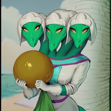 score_9,score_8,score_7,source_furry,
<solo:1.5>,
<1girl:2.5>,
alien girl, three heads, 3 heads, multi heads,multiple heads, green skin, green body,
( art by cian yo ) ,,
<lora:Trinoga_Hydra_Muttabar:1> trinoga