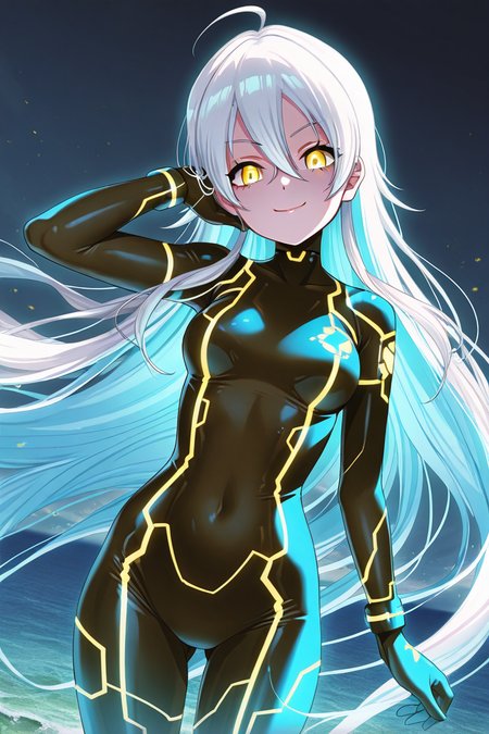 masterpiece, best quality, amazing quality,
 <lora:Lumina_IL:1> lumina, 1girl, long hair, solo, yellow eyes, neon trim, bodysuit, zero suit, dark persona, smile, very long hair, looking at viewer, ahoge, black bodysuit, ocean, blue hair, glowing, hair between eyes, white hair, covered navel, pumina