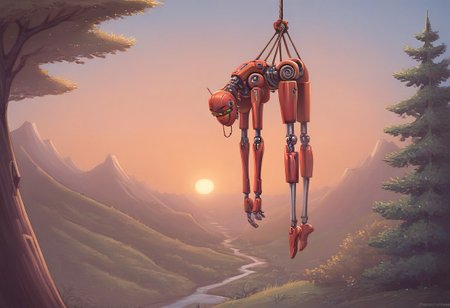 score_9, score_8_up, score_7_up, score_6_up. (hanging from a tree), (noose), (robot hanging), (from behind), (dangling), (sunset:1.4), (backlit), (robot), (hangman:1.8), (beautiful landscape), (robot hangman:1.7)