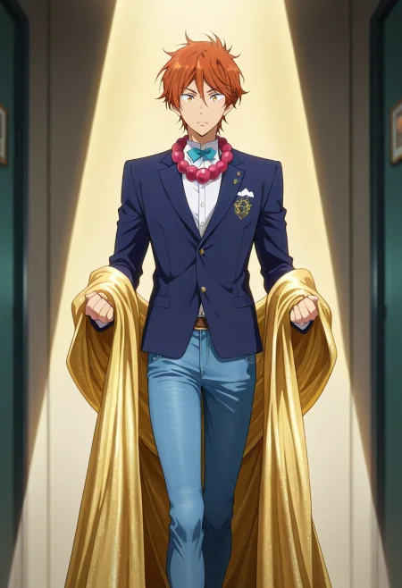 masterpiece, best quality, intricate details, anime screencap, anime coloring, official style, , 1boy, solo, male focus, <lora:momotarou_mikoshiba_ilxl:0.96>, momotarou_mikoshiba, orange hair, yellow eyes, fashion runway, spotlight beams, walking, flowing gown, focused expression, dramatic light, Cobalt Slim-fit jeans, Lace Canvas Cyan Blazer, , , Prayer beads and and