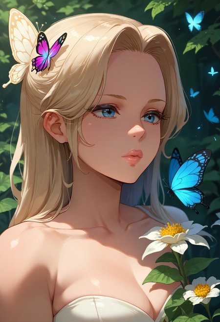 score_9, score_8_up, score_7_up, 1girl, original, bug, butterfly, flower, glowing, lips
