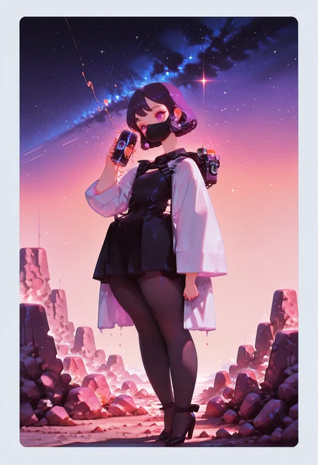 , masterpiece, best quality,
(dramatic lighting, shadows, dynamic posture)
,
((cropped upper body, close up)) ,
evening light, shadowy
,
(from above ,
from side, side shot
),
1girl,
legs crossed
,
very short hair ,
swept bangs ,
ultra detailed eyes, (flat chest), [[[abs]]],
black face mask covering mouth  ,tsurime , subtle purple  eye makeup ,
( victorian black maid dress ),
pumps, sheer black tights  ,
skindentation, ((chubby thick legs), thick legs, chubby legs), thick calves,
lab coat ,
shadows ,
dynamic perspective,
BREAK
drinking can juice, hand up
,
(simple background, simple gradient pastel khaki  background with white border),
,  majestic milky way in sky , minarets ,rocks
,
flatline, fl4t,
oyarcf, usnr,
(nurzhan bekkaliyev)
,
,
<lora:TrendCraft_The_Peoples_Style_Detailer-v1.0A-3_13_2025-illustrious:0.4>
<lora:sdxl_turbo_weghts_beta_v0_1_0:0.95>
<lora:fl4t:1.4>
<lora:Nurzhan_Bekkaliyev:1.25>
<lora:oyarcf:0.6>
<lora:USNR STYLE_XL_loha:0.75>
,
, , ,