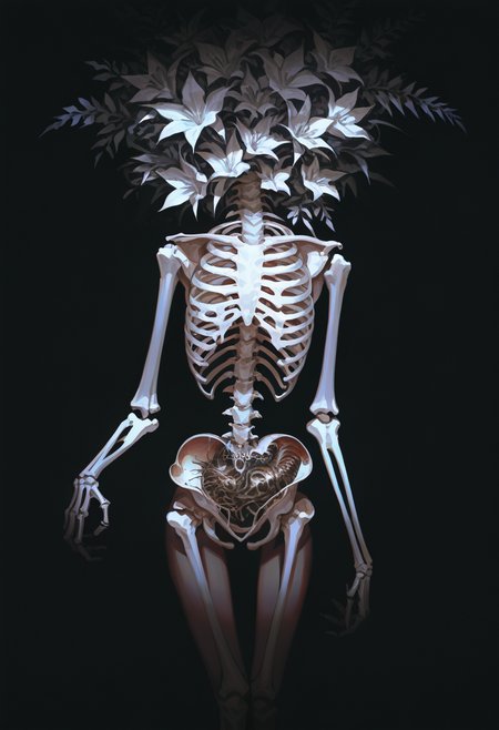 masterpiece, best quality, Good quality, very aesthetic, absurdres, newest,  1girl, solo, simple_background, standing, flower, thigh_gap, black_background, monster_girl, 1other, x-ray, dark_background, ribs, skeleton, bone, skinny,surreal, spine, heart_\(organ\), cocktail dress <lora:ponyv4_noob1_2_adamW-000017:0.7> <lora:USNR_STYLE_XL_lokr:1>