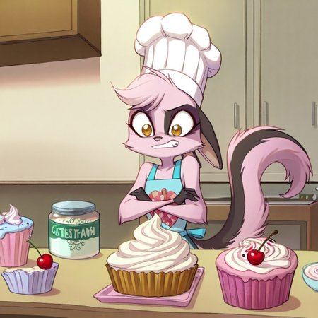1girl,solo,furry,pink fur,tail,ears,source_furry,
,<lora:Viriathus_Vayu_illustrious:0.8>,
child, kid, 
chef_hat, giant_cupcake, frosting_swirls, edible_glitter, cherry_topping, kitchen_counter, proud_expression, pastel_apron, whipped_cream