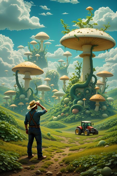 A rugged farmer stands at the edge of a vast field, his straw hat pushed back as he scratches his head in bewilderment. Before him, instead of the expected rows of corn or wheat, something entirely unnatural growsâmassive, luminous mushrooms with swirling patterns, vines that seem to coil and shift, or perfectly cubed watermelons stacked like bricks. His tractor, still running, idles in the background, its tires caked in dirt.<lora:aidmaImageUpgrader-FLUX-V0.2:0.5><lora:PinkieFluxProUltraFantasia><lora:FluxDFaeTasticDetails:0.7>