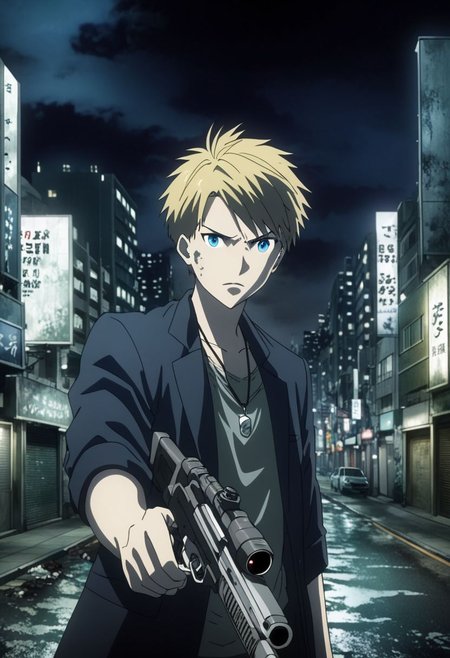 high resolution, professional photography, best quality, 1Boy, Yamato Ishida, blond hair, deep blue eyes, necklace, potrait, midnight, big city, dim street lights, dirty, cold, tense, mysterious, sharp eyes, merciless, threatening, weapon, aiming the weapon at the viewer, OverallDetail