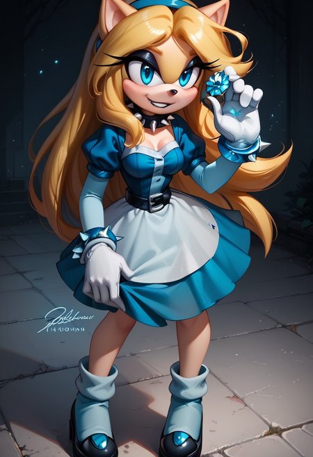 score_9, score_8_up, score_7_up, score_6_up, g0thicPXL, 1girl, 1girl, solo, goth girl, maria_robotnik, sonic_(series), hedgehog_girl, eyeliner, eyeshadow, blue eyes, long blond hair, blue_hairband, black lips, seductive smile, pretty face, spiked collar, white_gloves, blue_dress, medium skirt, shoes, blue_footwear, sexy pose, smile, grin, cute, sexy pose, lewd expression, wide hips, medium breasts, standing, biting one of her nails.