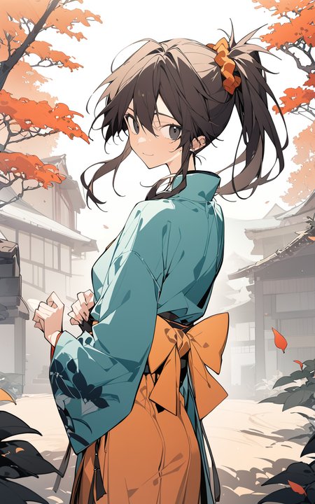 1girl, yuzuri\(memories off 8\),  (cogecha:0.7),(mochizuki kei:0.8),(rafaelaaa:0.8),(zhibuji loom:0.8), (magotsuki:0.9),(hurray:0.99), hair scrunchie, day, in autumn, beautiful detailed sky, artbook, girl, cute face, japanese clothes, looking back, ponytail, brown hair, one side up, black eyes, masterpiece, best quality, newest, absurdres, highres, very aesthetic <lora:yuzuri_2_1:1> <lora:aesthetic_anime_v1s:1> <lora:ClearHand-V2:1>