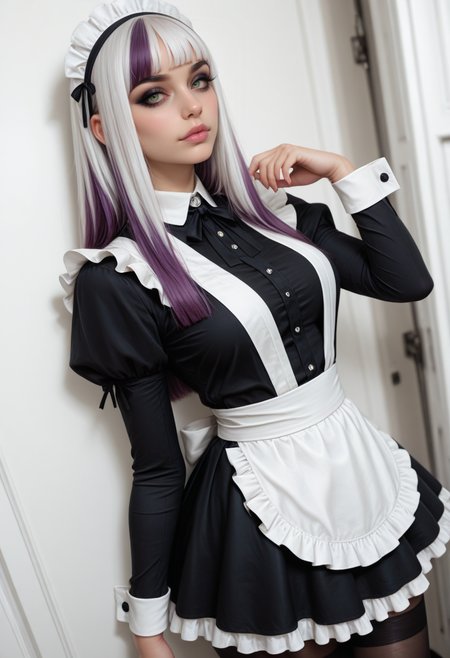 8K, depth of field, dynamic angle, sexy pose, best quality, detailed eyes, perfect eyes, realistic eyes, single, one, white hair, purple highlights, hime cut, green eyes, thick eyebrows, black eyebrows, darker eyeshadow, pink lips, full lips, high cheekbones, sharp jawline, slim body, maid cap, black stockings, , medium breast, realistic breast, ruffled maid dress, (black dress), long sleeves, white apron, black ruffled skirt, BREAK, Sway back,  front view, looking at viewer, movie perspective, white room, white bedroom, white background, depth of field, <lora:MoriiMee_Gothic_Niji_Style_Illustrious_r1:0.7> artist:moriimee,  <lora:PowerPuffMixLora:0.5>,  <lora:Detailer_NoobAI_Incrs_v1:0.6> detailed,