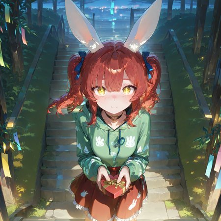 masterpiece, best quality, amazing quality, very aesthetic, absurdres, newest, scenery, 1girl,solo, heart-shaped box, incoming gift, tanabata, happy valentine,  <lora:add-detail-xl:2> <lora:illustrious_noobai_epsilon_pred_1_best_quality_v1:0.8><lora:illustrious_noobai_epsilon_pred_1_masterpieces_v1:0.8> perfect hands, perfect fingers, stairs, grass, smooth hair, detailed hair, 
<lora:Mera_Red_bunny_girl__Illustrious:1> green hoody, printed hoody, animal print,red skirt, frilled skirt, heart collar,  Mera red, rabbit ears, golden eyes, triangle shaped pupils, light freckles, medium hair, pigtails with blue ribbons, bangs, (((adult))), small breasts, looking up, looking at viewer,
masterpiece, best quality, amazing quality, very aesthetic, absurdres, newest, scenery