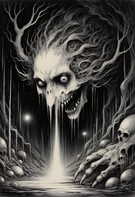 In the silence of darkness, among the shadows of the dead we hear now A wolf howling hungry to wake up children of the graves Only calmless spirits of corpses are passing by the altars Where everything but death is a lie From the twilight of the past Among the victims who died Something Wild has survived! hyper-detailed fantasy illustration quality. Best quality artwork, in the visual spirit of Brom, Ian Miller, and Marcin Jakubowski, Edward Gorey, merging gothic horror and high fantasy, into one surreal vision. fantasy horror, dark poetry, surreal atmosphere, absolute masterpiece, accurate, painterly style, highly aesthetic, hand drawn
