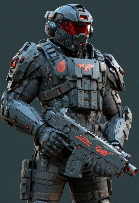 man in (neon red) mad-bdyarmr, holding bltgun bolter weapon, helmet, night, cyberpunk road, fullbody view, (masterpiece:1.2), best quality, (hyperdetailed, highest detailed:1.2), high resolution textures