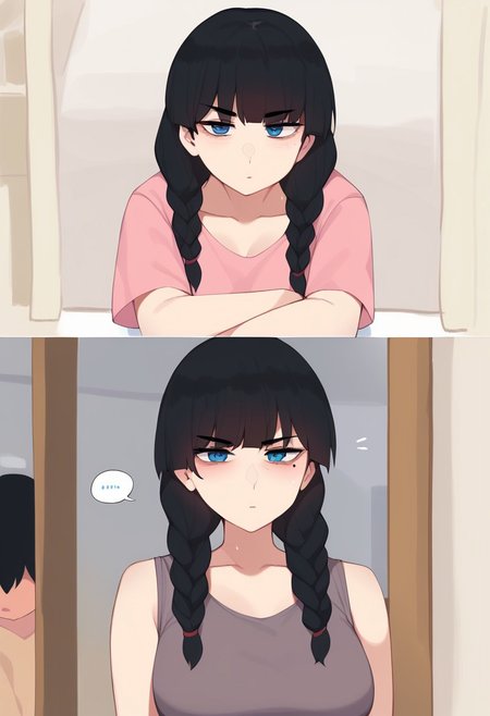 lora:pepper0V1_r1:1>, large breasts, 1girl, braid, hetero, black hair, original, blue eyes, twin braids, blunt bangs, nude male clothed female, eyebrows visible through hair, long hair, mole under eye, collarbone, blush, solo focus, loose oversized shirt, baggy T-shirt, bottomless, sweaty, hot day, bored expression, closed mouth, standing, , morning, short boy, high girl, pesters her, l i t t l e boy, plot, before and after, before she is angry and hit him on head, after she is coping with bearing him, 1boy,  before she is angry and wild eyes, after she is so kind and pretty, (((morning and evening)))