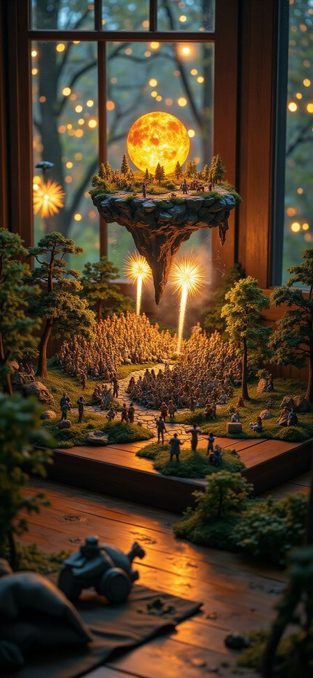 (indoor,very wide isometric view,tilt-shift lens:1.6), (windowless,fna_style,miniature,miniature,diorama,miniature,diorama,PVC,plastic:2),sunset desert,forest,fireworks,concert with crowded  at (floating island,levitating  island:1.5) on (table:2) at (attic:2.5)   <lora:Diorama_Flux:1>
<lora:Fantasy_Novel_Art_Style:1>