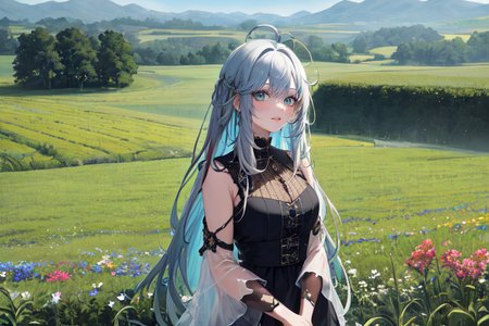 (otherworldly), highly insanely detailed, masterpiece, top quality, best quality, highres, 4k, 8k, RAW photo, (very aesthetic, beautiful and aesthetic), farm, fields, barn, fence, fantfa, <lora:FantasyFarm-10:0>, 
1girl, 
(olive hair ,multi_color_hair,multicolored hair,multi colored hair,colored inner hair), 
(turquoise blue background),âââ