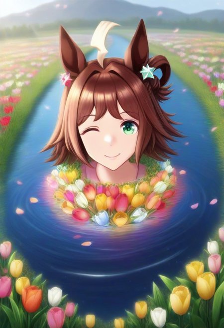 (umamusume, rhein_kraft_(umamusume), horse_ears, horse_girl, tail, 1girl, ahoge, animal_ears,)
casual, Tulip,Tulip flower, Tulip flower_field, 
head_wreath, looking_at_viewer,  solo, aesthetic, absurdres, symmetric , , g0ldsw0rthy,
(realistic, photo,  artistic, medium_hair, one_eye_closed, petals, relaxing, smile, spiralling vortex made of multicoloured tulips, lush foliage sunrise,  ripples, reflective, jaynl-tm, rainbow,green_eyes, hair_between_eyes, hair_ornament,  : 0.7)