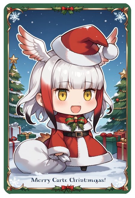 score_9, score_8_up, score_7_up, masterpiece, best quality, zzPadoru, blush, smile, open mouth, meme, holding sack, santa hat, dress, 1girl, solo, japanese crested ibis (kemono friends), head wings, multicolored hair, two-tone hair, white hair, red hair, long hair, blunt bangs, bangs, sidelocks, yellow eyes, bird tail, tail, long sleeves, wide sleeves, chibi, snow, Christmas tree, Christmas lights, Christmas border, red and green border, Christmas wreath border, presents, Christmas_card_outline