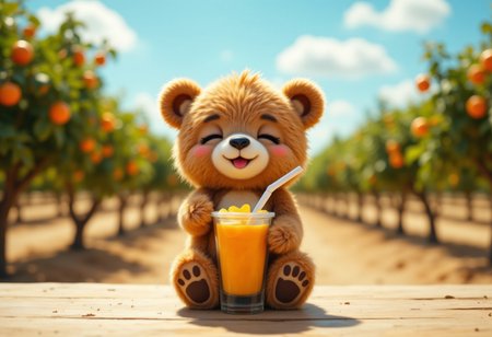 Cute bear doll sitting in large glass cup, brown bear, cup on table, bear drinking juice with paper cup and straw, eyes closed, smiling, smiling, childlike atmosphere, clay model image, orange grove, sunny, blue sky, sunshine, wide angle, 
aidmafluxpro1.1