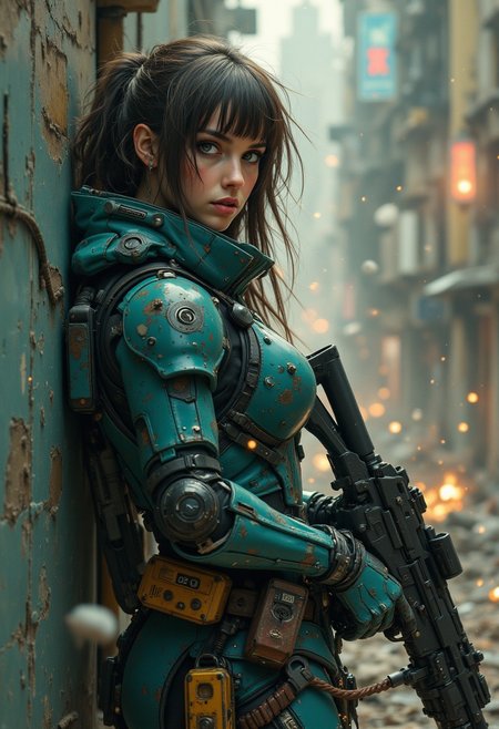 nistyle, a female space pirate. long messy hair, bangs, sidelocks, battered teal power armour,  holding an assault rifle, sheltering behind a wall during a battle in a ruined, dusty city
