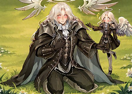 score_9, score_8_up, score_7_up, source_anime, masterpiece, (1girl and 1boy), ((two people)),
(Angel wings, feather wings, white hair, long straight hair, white eyes, shoulder armor, black dress, corset,  excited expression, blushing, standing in front of man, college field background, <lora:AVACYN:1>),
(zPDXL2,source_anime,rating_questionable, 1boy, <lora:Alucard_-_Castlevania:1> alucard_castlevania, long hair, cape, ascot, yellow eyes, black gloves, black pants, coat, kneeling to woman, bowed head, presenting a halo, holding a halo)