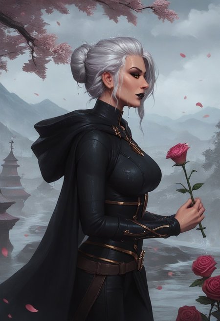 score_9, score_8_up, score_7_up, (realistic:1.2), mysterious girl, alluring goddess,, smooth, very detailed, etra detailed, intricate details, highly detailed,  masterpiece, best quality, amazing quality, (wet hair:1.2), 1girl, solo, cherry blossoms falling around her, misty mountains in the background, focused and serene expression, mature female, Jaina Proudmoore, 1girl, mature female, white hair, blonde hair, yellow eyes, storm, anchor necklace, (3/4 body shot:1.3), dark, thunder, rainy:1.2, windy:1.2, mountains at the background,  (burgundy lightning:1.2), black lips, sith lord, star wars, sith, black hood, black cape, hood on head, turtleneck, (total black clothing:1.2),, (close up face), jainapost, (fully clothed), (she holding pink rose:1.3), (looking at object), (she is looking at rose in her hand:1.2),,roses, pink roses, roses, rose petals, rose, (dramatic atmosphere), (detailed background), side view,
